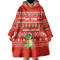 East Timor Christmas Wearable Blanket Hoodie with Santa Crocodile Gingerbread Palm Trees and Red Holiday - Wonder Print Shop