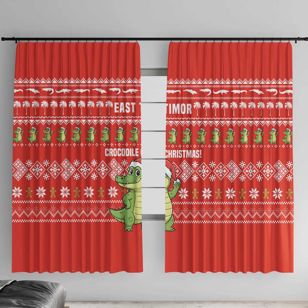 East Timor Christmas Window Curtain with Santa Crocodile Gingerbread Palm Trees and Red Holiday - Wonder Print Shop
