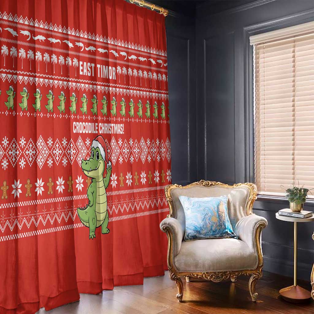 East Timor Christmas Window Curtain with Santa Crocodile Gingerbread Palm Trees and Red Holiday - Wonder Print Shop