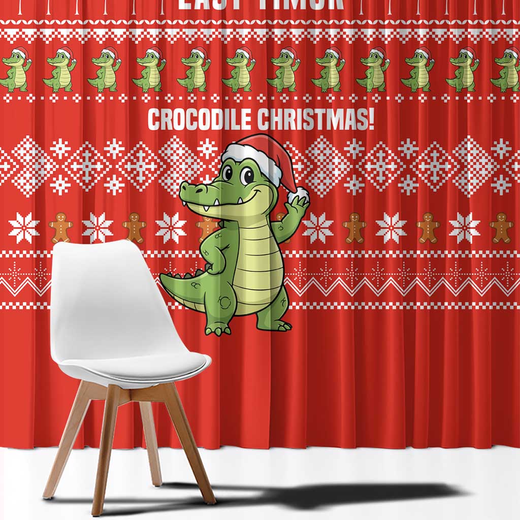 East Timor Christmas Window Curtain with Santa Crocodile Gingerbread Palm Trees and Red Holiday - Wonder Print Shop