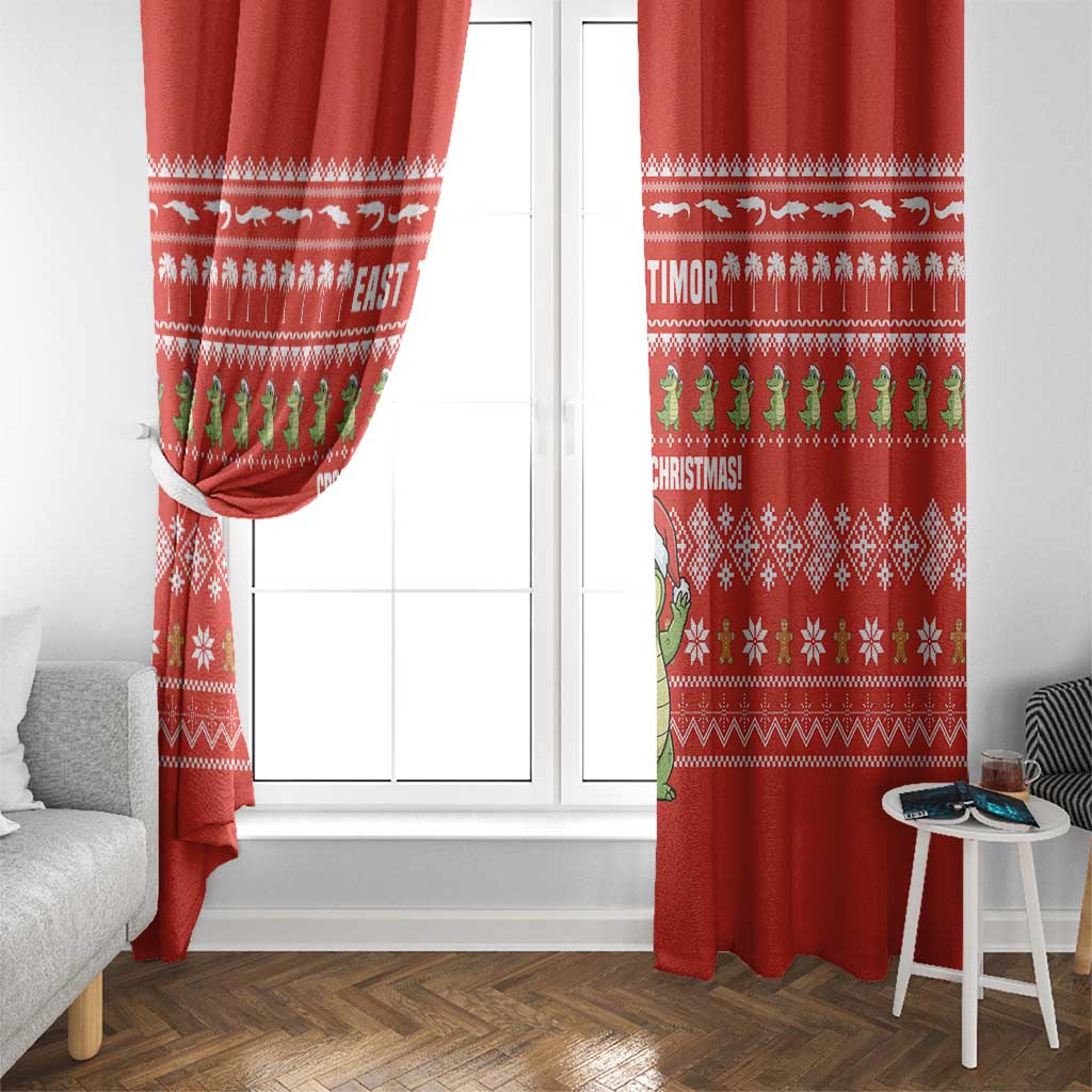 East Timor Christmas Window Curtain with Santa Crocodile Gingerbread Palm Trees and Red Holiday - Wonder Print Shop