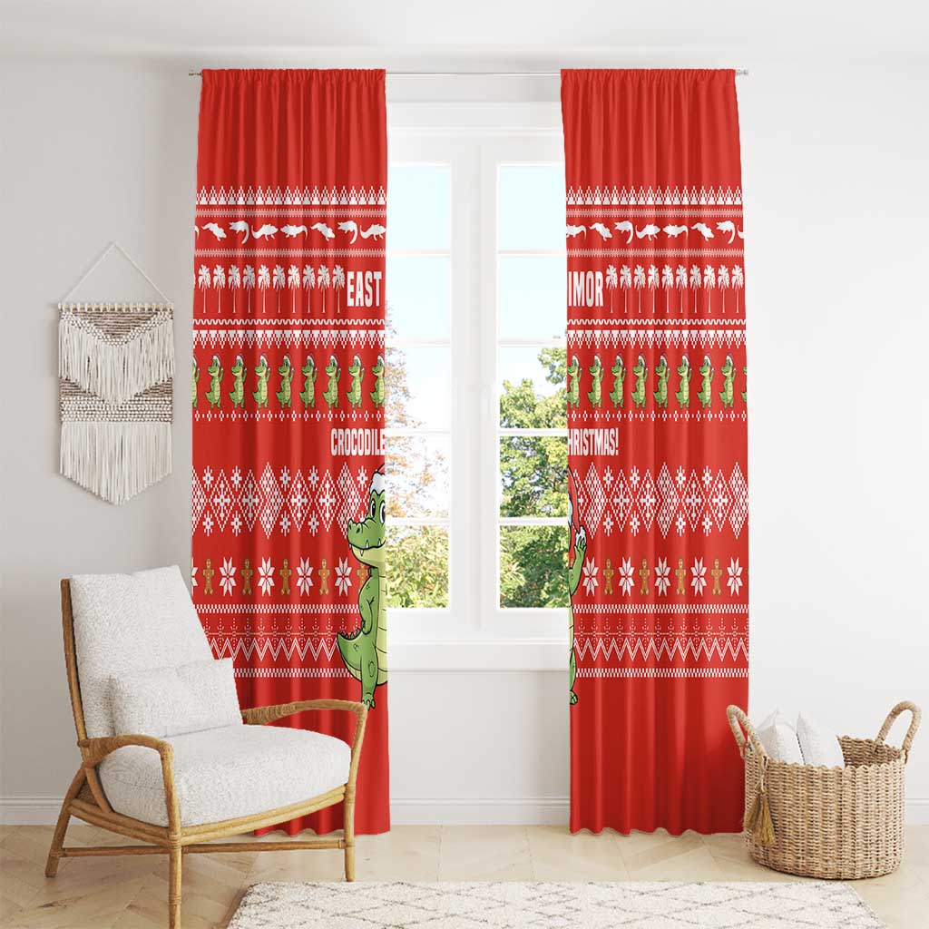 East Timor Christmas Window Curtain with Santa Crocodile Gingerbread Palm Trees and Red Holiday - Wonder Print Shop