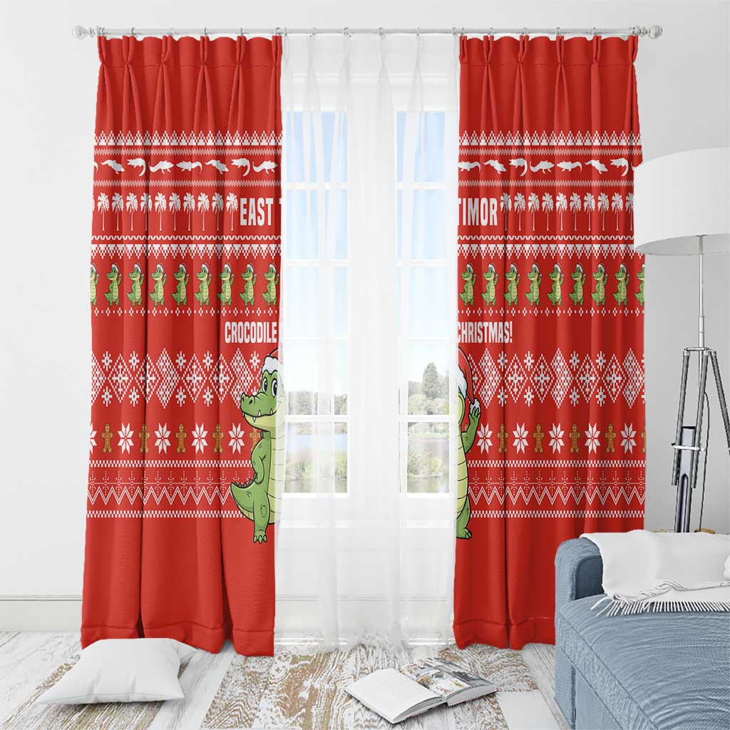 East Timor Christmas Window Curtain with Santa Crocodile Gingerbread Palm Trees and Red Holiday - Wonder Print Shop