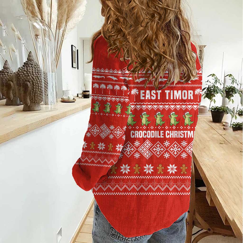 East Timor Christmas Women Casual Shirt with Santa Crocodile Gingerbread Palm Trees and Red Holiday - Wonder Print Shop