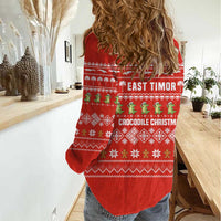 East Timor Christmas Women Casual Shirt with Santa Crocodile Gingerbread Palm Trees and Red Holiday - Wonder Print Shop