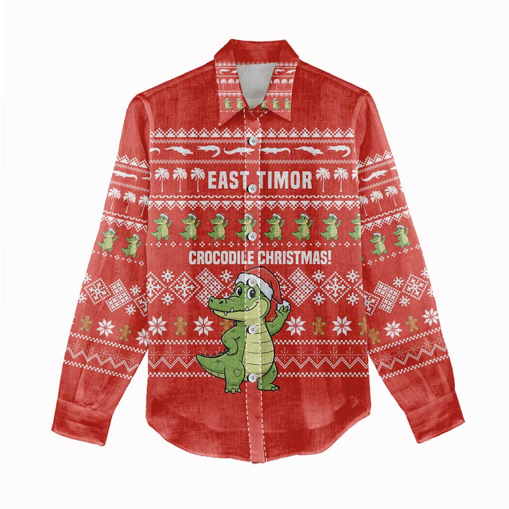 East Timor Christmas Women Casual Shirt with Santa Crocodile Gingerbread Palm Trees and Red Holiday - Wonder Print Shop