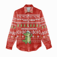 East Timor Christmas Women Casual Shirt with Santa Crocodile Gingerbread Palm Trees and Red Holiday - Wonder Print Shop