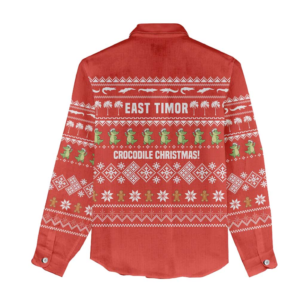 East Timor Christmas Women Casual Shirt with Santa Crocodile Gingerbread Palm Trees and Red Holiday - Wonder Print Shop