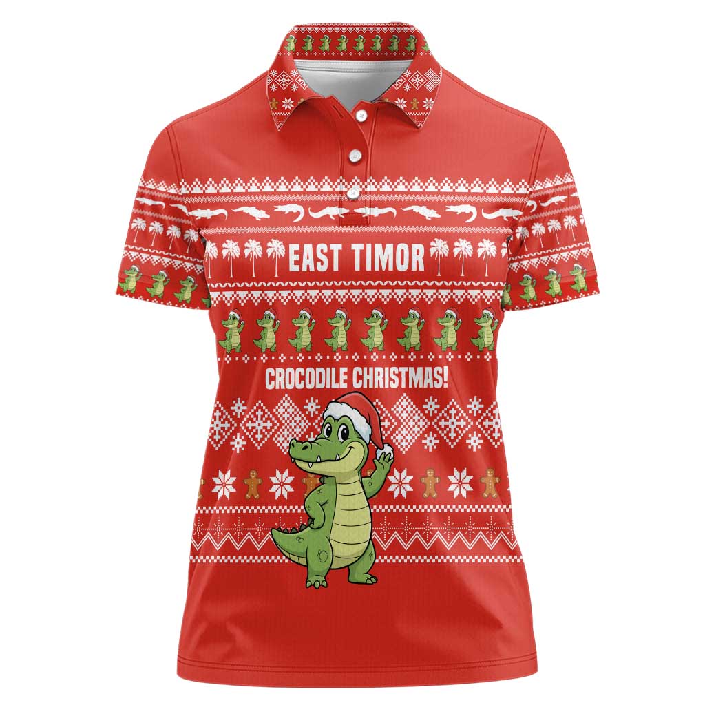 East Timor Christmas Women Polo Shirt with Santa Crocodile Gingerbread Palm Trees and Red Holiday - Wonder Print Shop