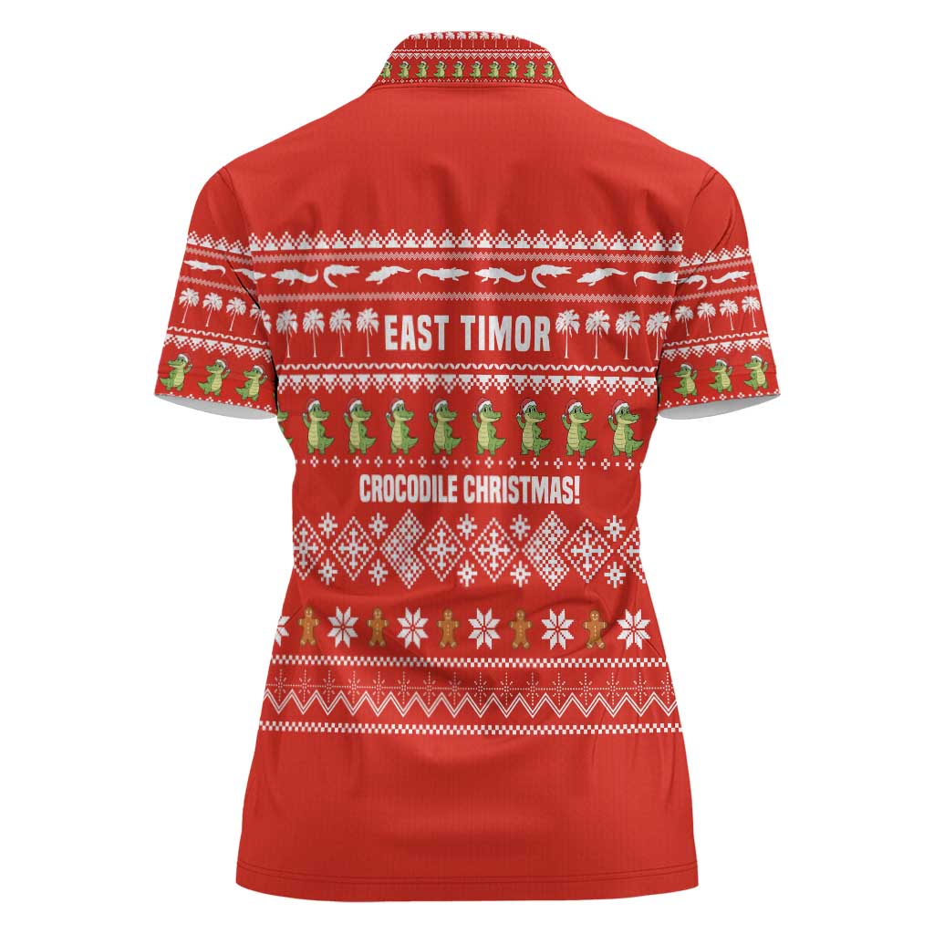 East Timor Christmas Women Polo Shirt with Santa Crocodile Gingerbread Palm Trees and Red Holiday - Wonder Print Shop