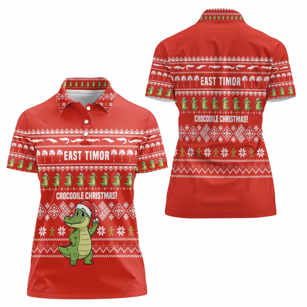 East Timor Christmas Women Polo Shirt with Santa Crocodile Gingerbread Palm Trees and Red Holiday - Wonder Print Shop