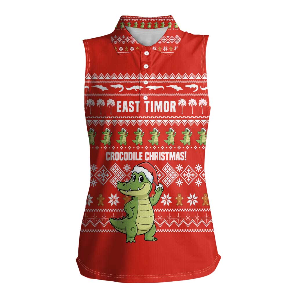 East Timor Christmas Women Sleeveless Polo Shirt with Santa Crocodile Gingerbread Palm Trees and Red Holiday - Wonder Print Shop