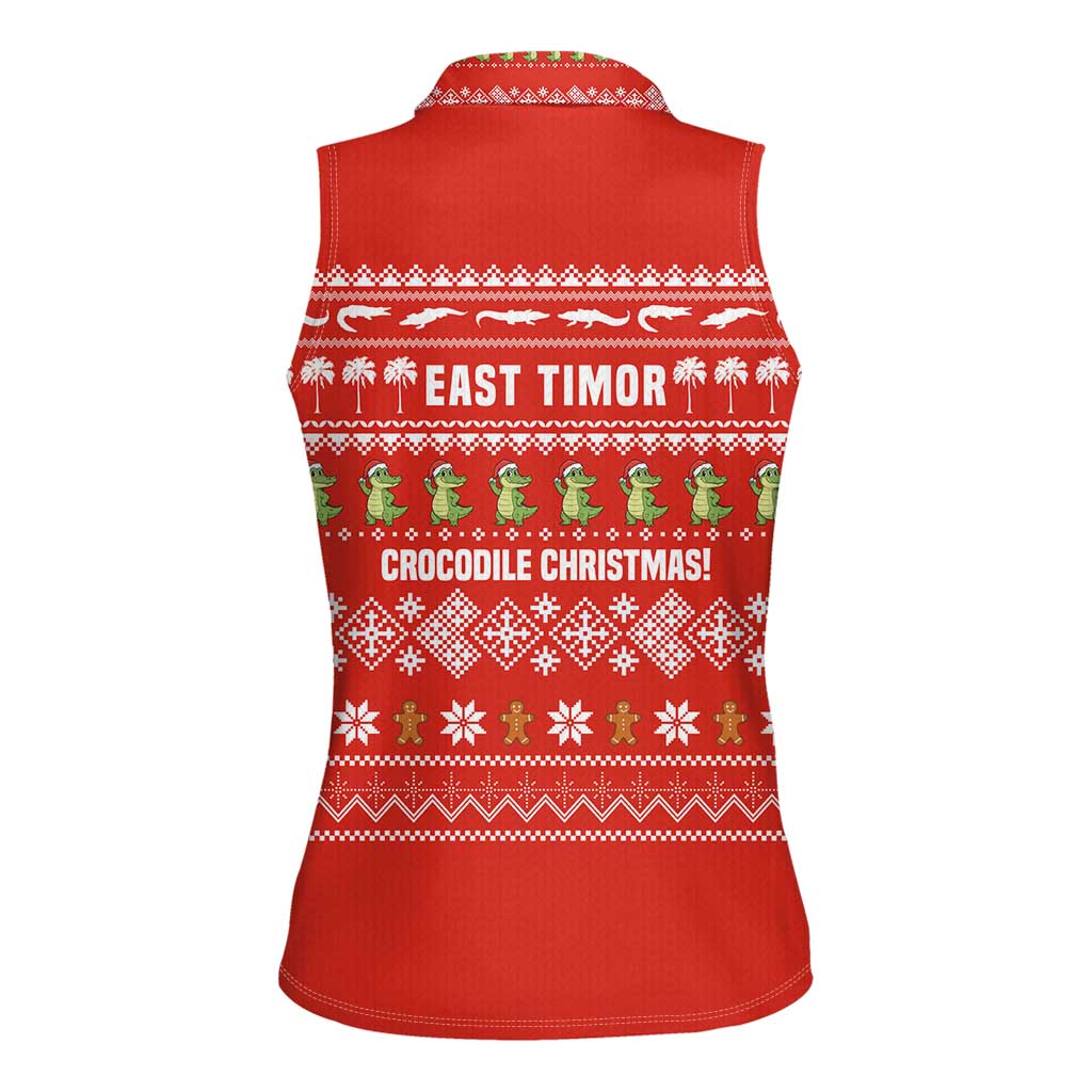 East Timor Christmas Women Sleeveless Polo Shirt with Santa Crocodile Gingerbread Palm Trees and Red Holiday - Wonder Print Shop