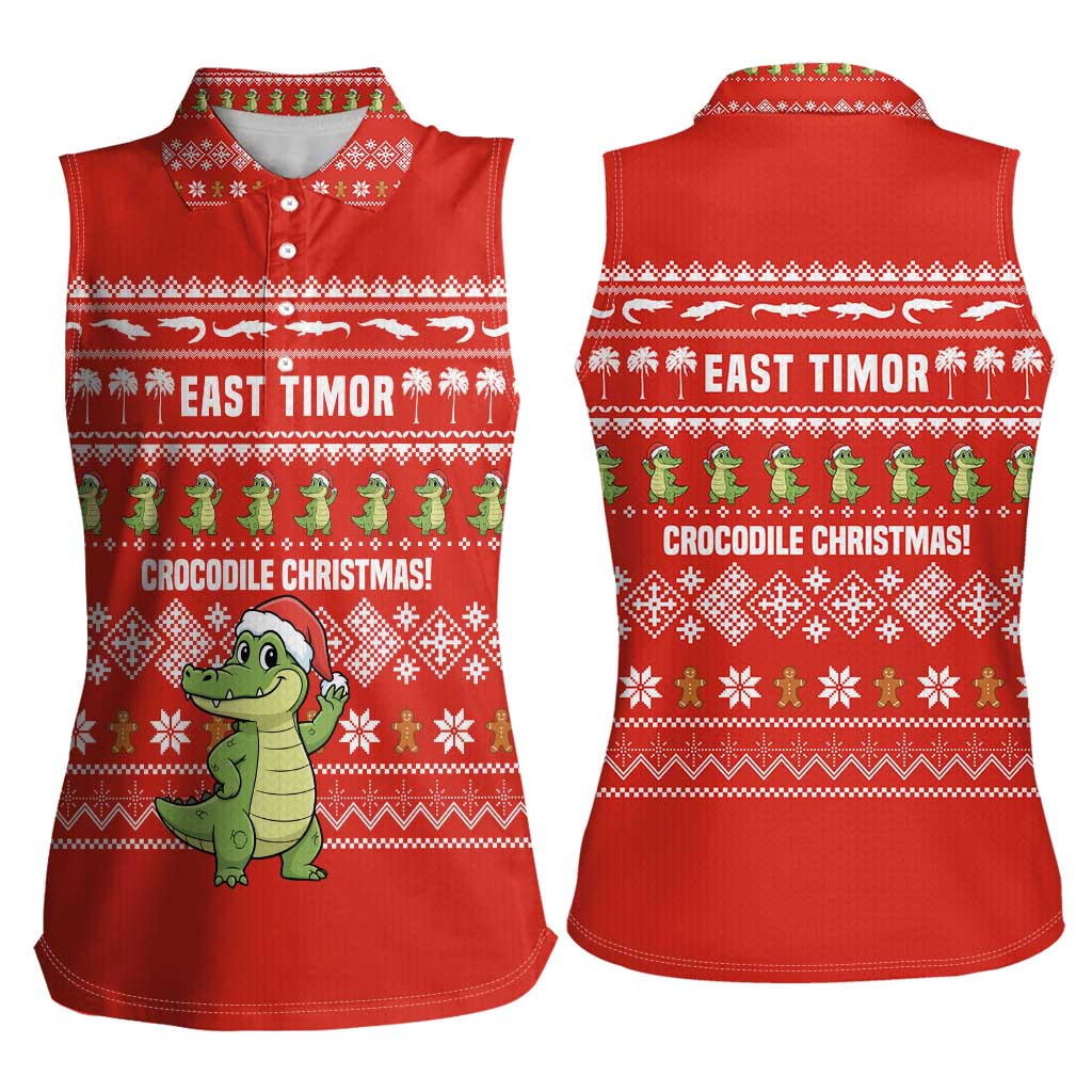 East Timor Christmas Women Sleeveless Polo Shirt with Santa Crocodile Gingerbread Palm Trees and Red Holiday - Wonder Print Shop
