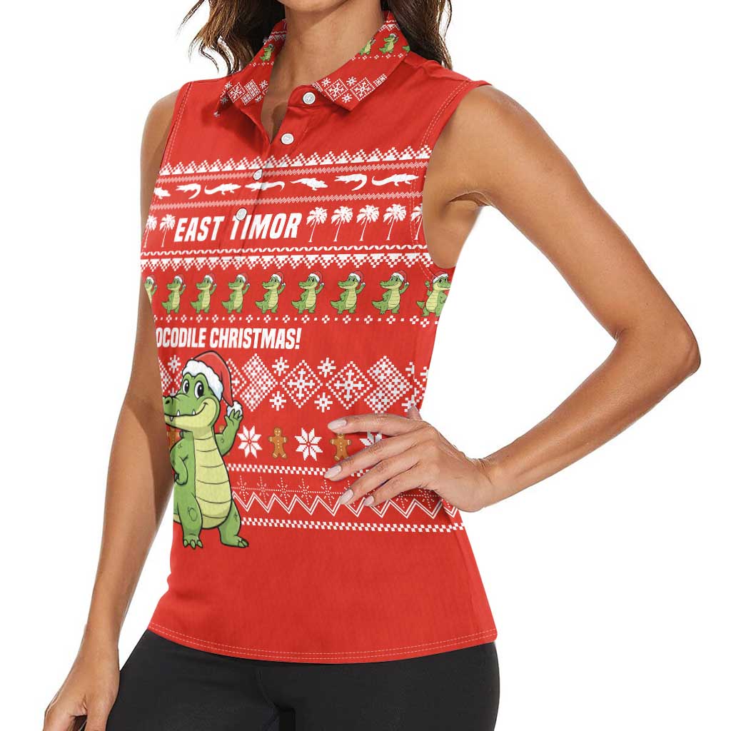 East Timor Christmas Women Sleeveless Polo Shirt with Santa Crocodile Gingerbread Palm Trees and Red Holiday - Wonder Print Shop
