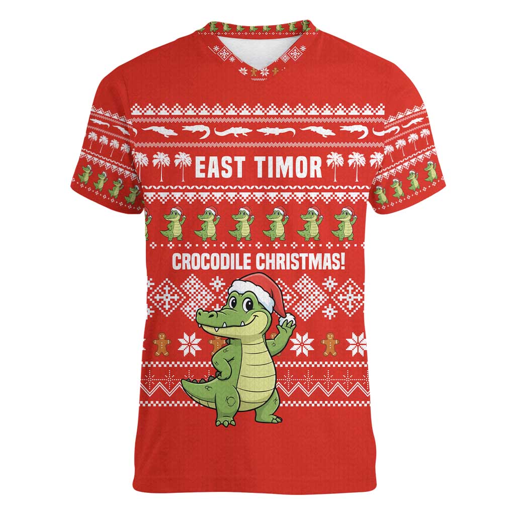 East Timor Christmas Women V-Neck T-Shirt with Santa Crocodile Gingerbread Palm Trees and Red Holiday - Wonder Print Shop