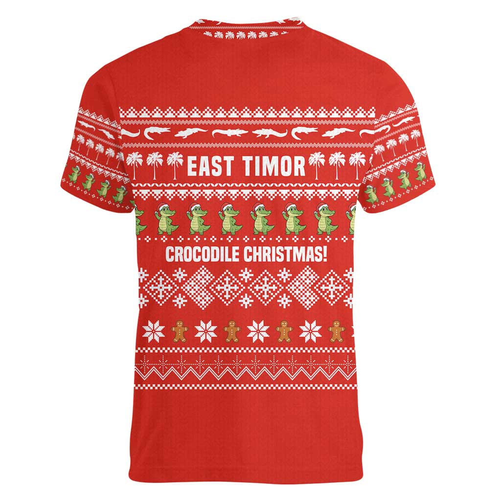 East Timor Christmas Women V-Neck T-Shirt with Santa Crocodile Gingerbread Palm Trees and Red Holiday - Wonder Print Shop