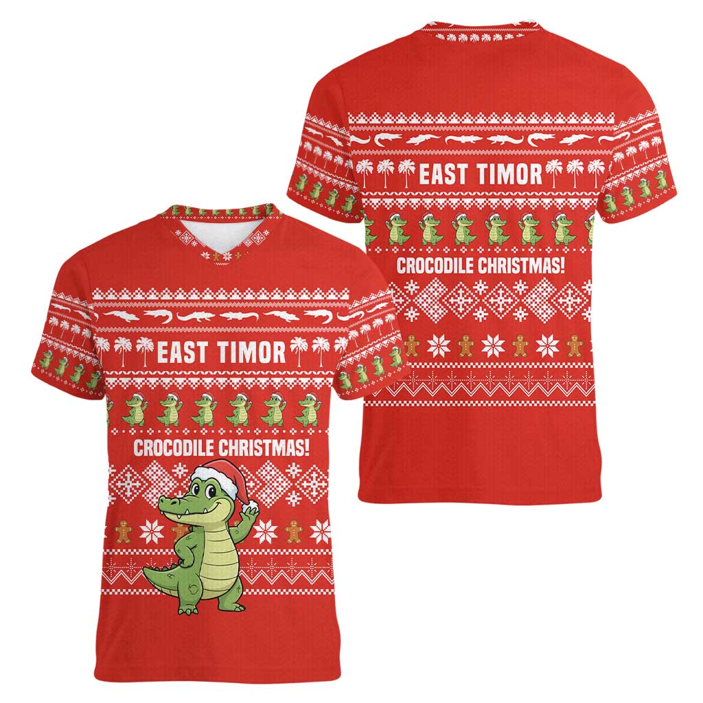 East Timor Christmas Women V-Neck T-Shirt with Santa Crocodile Gingerbread Palm Trees and Red Holiday - Wonder Print Shop