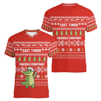 East Timor Christmas Women V-Neck T-Shirt with Santa Crocodile Gingerbread Palm Trees and Red Holiday - Wonder Print Shop