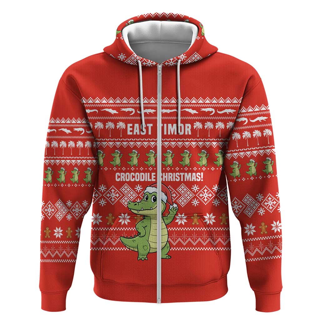 East Timor Christmas Zip Hoodie with Santa Crocodile Gingerbread Palm Trees and Red Holiday - Wonder Print Shop