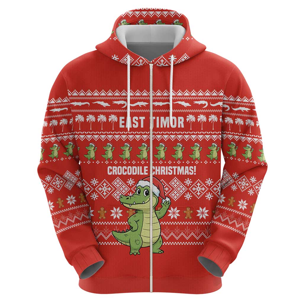 East Timor Christmas Zip Hoodie with Santa Crocodile Gingerbread Palm Trees and Red Holiday - Wonder Print Shop