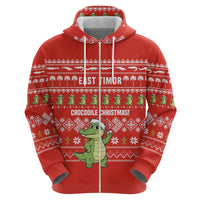 East Timor Christmas Zip Hoodie with Santa Crocodile Gingerbread Palm Trees and Red Holiday - Wonder Print Shop