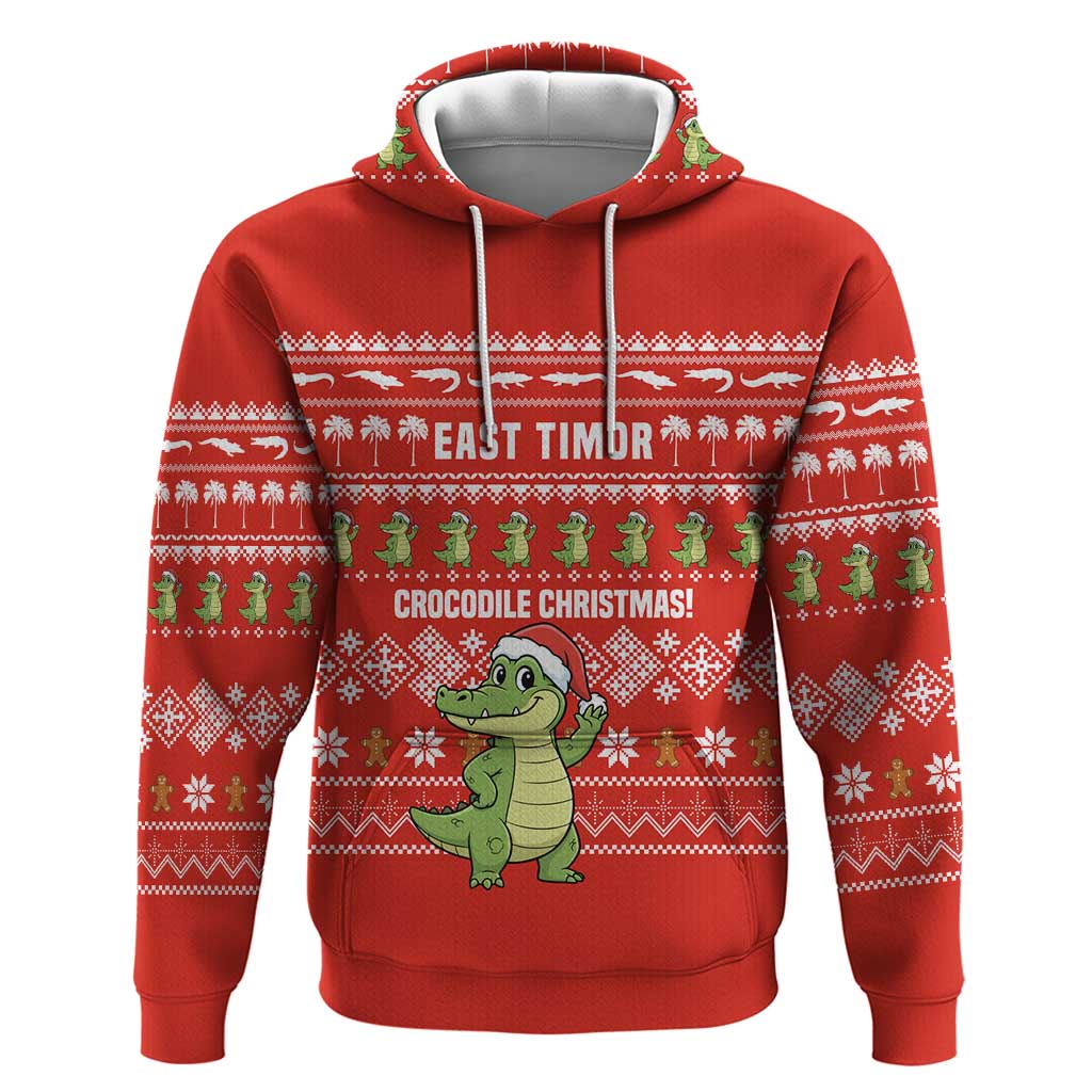 East Timor Christmas Zip Hoodie with Santa Crocodile Gingerbread Palm Trees and Red Holiday - Wonder Print Shop