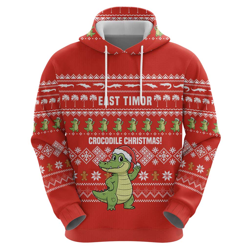 East Timor Christmas Zip Hoodie with Santa Crocodile Gingerbread Palm Trees and Red Holiday - Wonder Print Shop