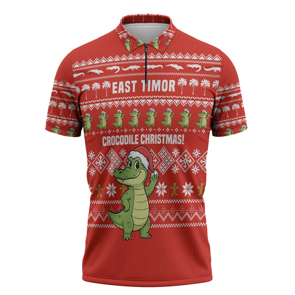 East Timor Christmas Zipper Polo Shirt with Santa Crocodile Gingerbread Palm Trees and Red Holiday - Wonder Print Shop