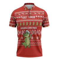 East Timor Christmas Zipper Polo Shirt with Santa Crocodile Gingerbread Palm Trees and Red Holiday - Wonder Print Shop