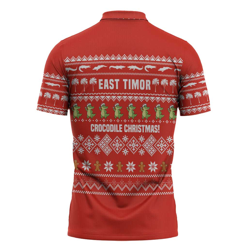 East Timor Christmas Zipper Polo Shirt with Santa Crocodile Gingerbread Palm Trees and Red Holiday - Wonder Print Shop