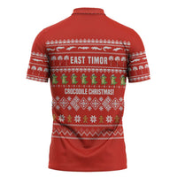 East Timor Christmas Zipper Polo Shirt with Santa Crocodile Gingerbread Palm Trees and Red Holiday - Wonder Print Shop