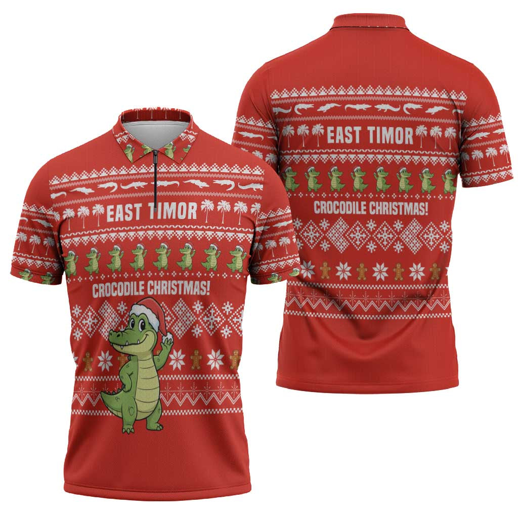 East Timor Christmas Zipper Polo Shirt with Santa Crocodile Gingerbread Palm Trees and Red Holiday - Wonder Print Shop