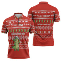 East Timor Christmas Zipper Polo Shirt with Santa Crocodile Gingerbread Palm Trees and Red Holiday - Wonder Print Shop