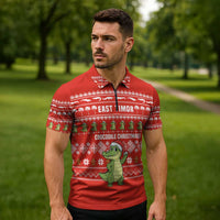 East Timor Christmas Zipper Polo Shirt with Santa Crocodile Gingerbread Palm Trees and Red Holiday - Wonder Print Shop
