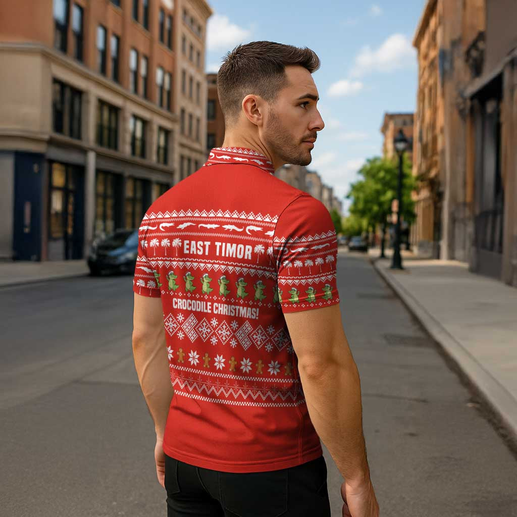 East Timor Christmas Zipper Polo Shirt with Santa Crocodile Gingerbread Palm Trees and Red Holiday - Wonder Print Shop