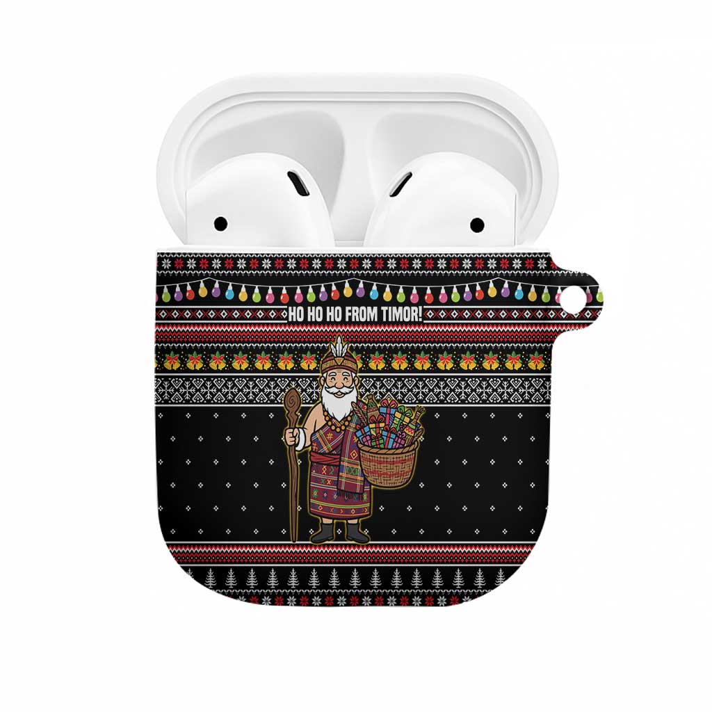 East Timor Christmas AirPods Case with Santa in Traditional Robe Gift Basket Ho Ho Ho Text and Black Festive - Wonder Print Shop