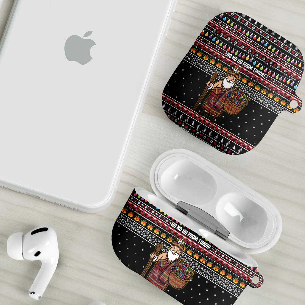 East Timor Christmas AirPods Case with Santa in Traditional Robe Gift Basket Ho Ho Ho Text and Black Festive - Wonder Print Shop