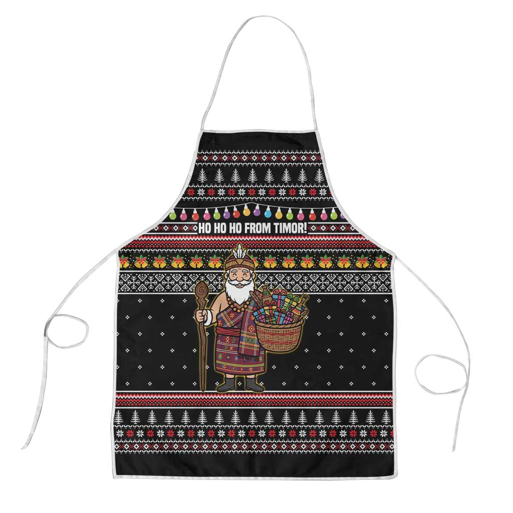 East Timor Christmas Apron with Santa in Traditional Robe Gift Basket Ho Ho Ho Text and Black Festive - Wonder Print Shop