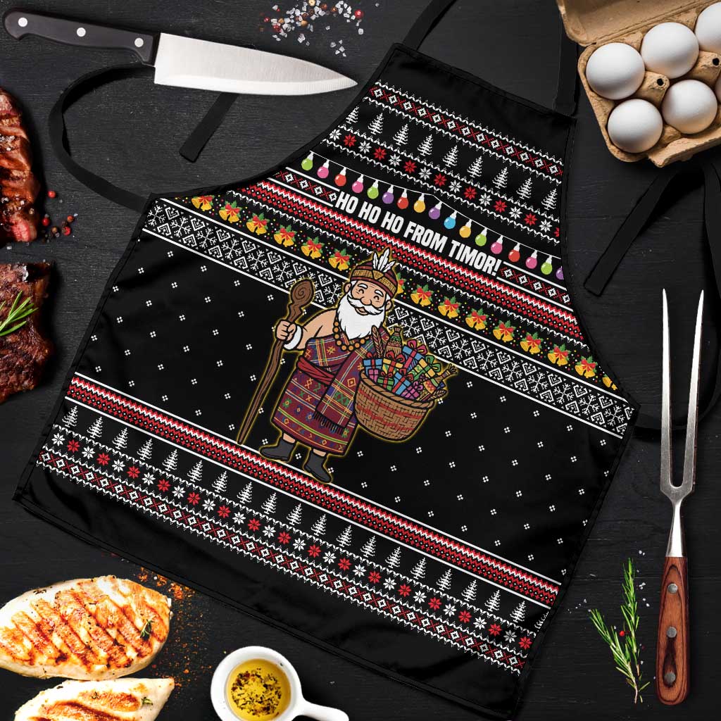 East Timor Christmas Apron with Santa in Traditional Robe Gift Basket Ho Ho Ho Text and Black Festive - Wonder Print Shop