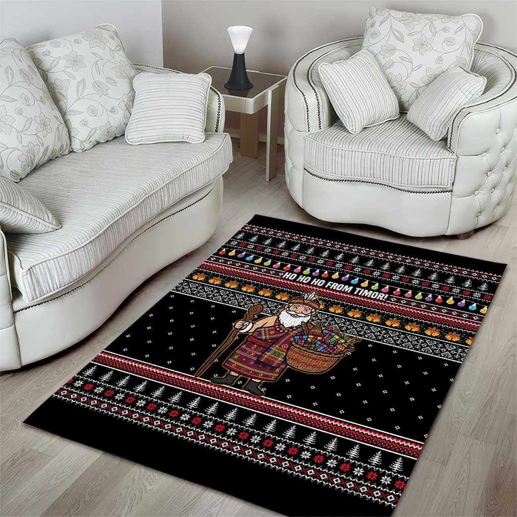 East Timor Christmas Area Rug with Santa in Traditional Robe Gift Basket Ho Ho Ho Text and Black Festive - Wonder Print Shop