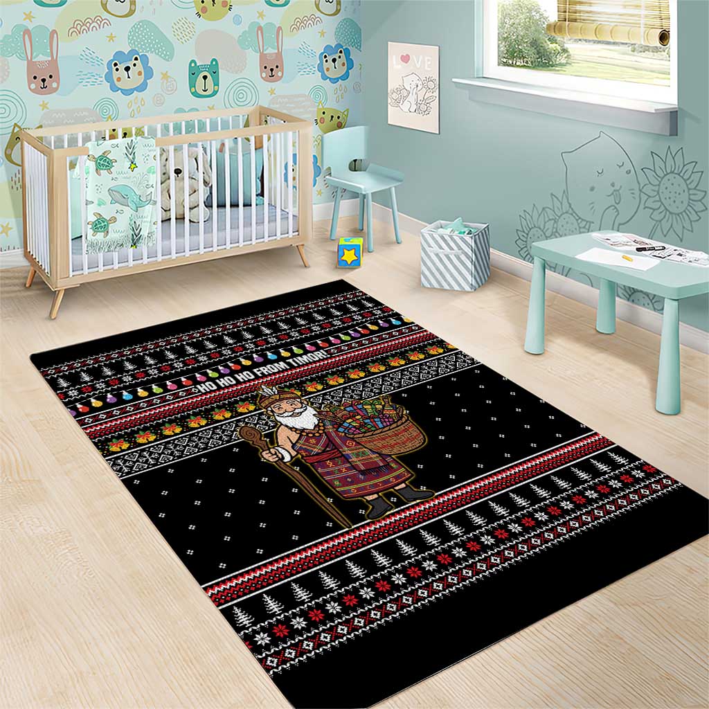 East Timor Christmas Area Rug with Santa in Traditional Robe Gift Basket Ho Ho Ho Text and Black Festive - Wonder Print Shop