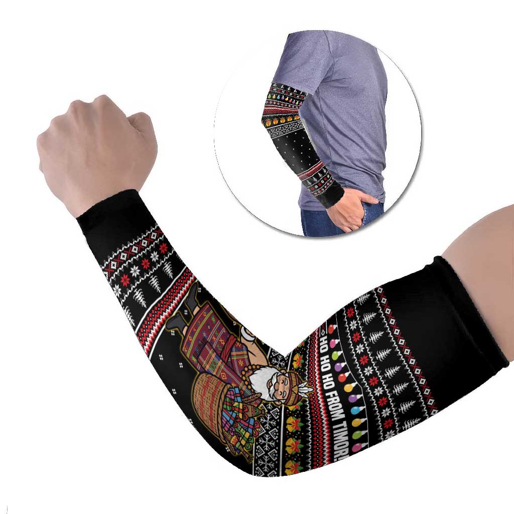 East Timor Christmas Arm Sleeves with Santa in Traditional Robe Gift Basket Ho Ho Ho Text and Black Festive - Wonder Print Shop