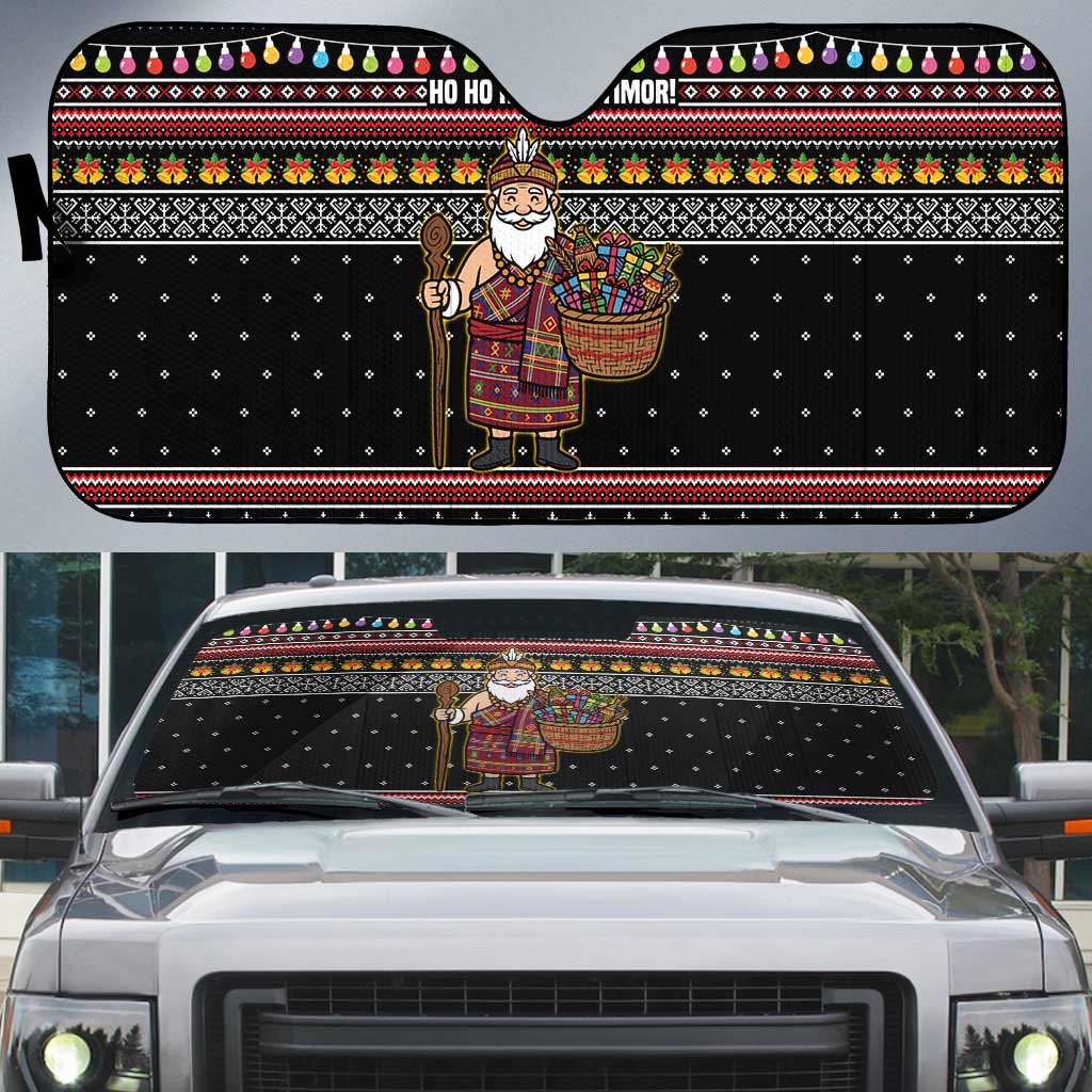 East Timor Christmas Auto Sun Shade with Santa in Traditional Robe Gift Basket Ho Ho Ho Text and Black Festive - Wonder Print Shop