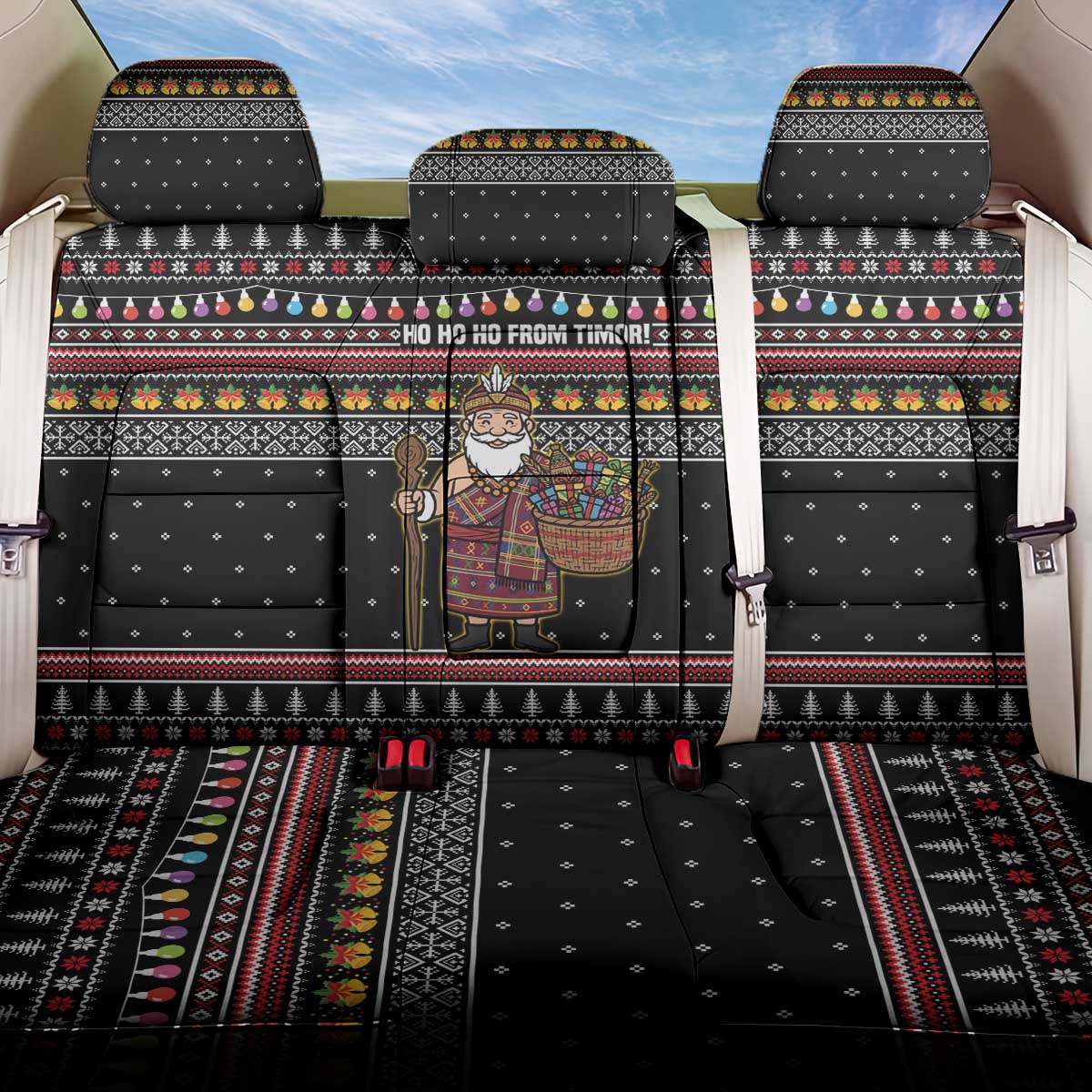 East Timor Christmas Back Car Seat Cover with Santa in Traditional Robe Gift Basket Ho Ho Ho Text and Black Festive - Wonder Print Shop