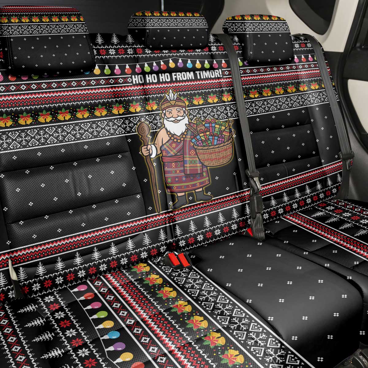 East Timor Christmas Back Car Seat Cover with Santa in Traditional Robe Gift Basket Ho Ho Ho Text and Black Festive - Wonder Print Shop