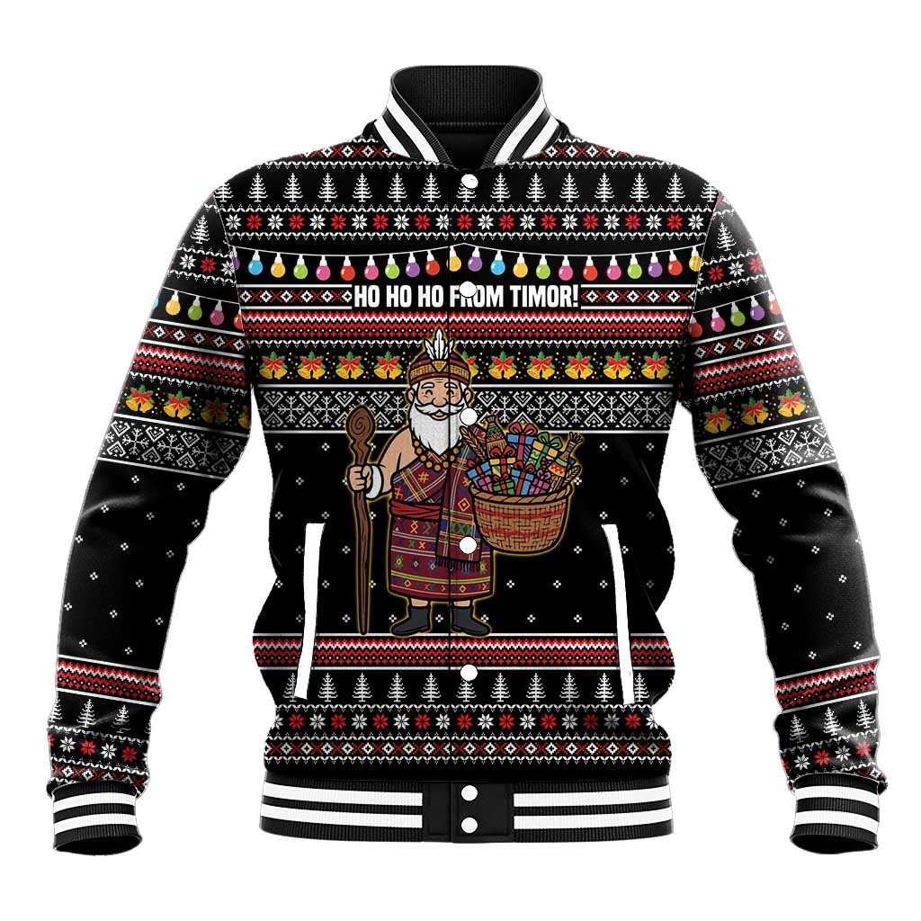 East Timor Christmas Baseball Jacket with Santa in Traditional Robe Gift Basket Ho Ho Ho Text and Black Festive - Wonder Print Shop
