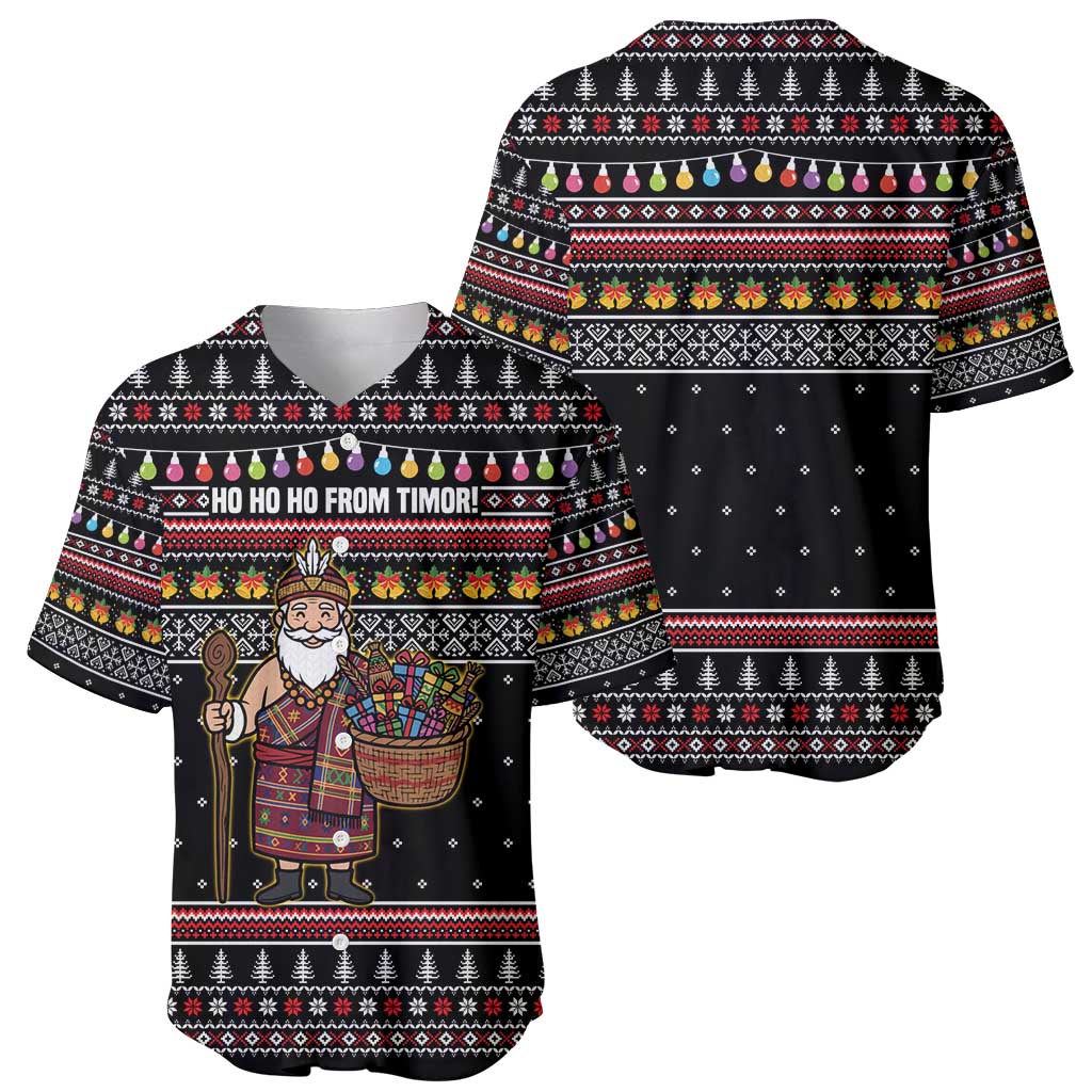 East Timor Christmas Baseball Jersey with Santa in Traditional Robe Gift Basket Ho Ho Ho Text and Black Festive - Wonder Print Shop