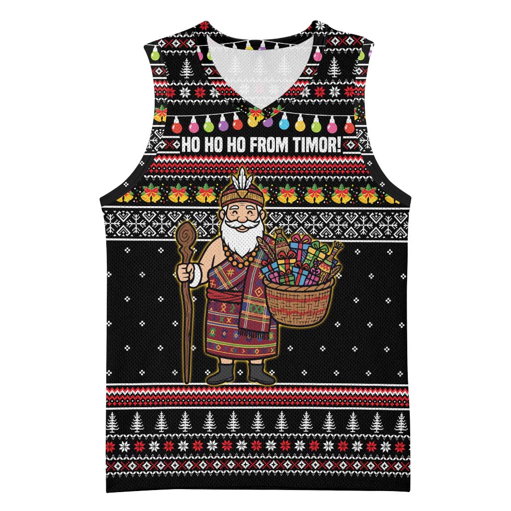East Timor Christmas Basketball Jersey with Santa in Traditional Robe Gift Basket Ho Ho Ho Text and Black Festive - Wonder Print Shop