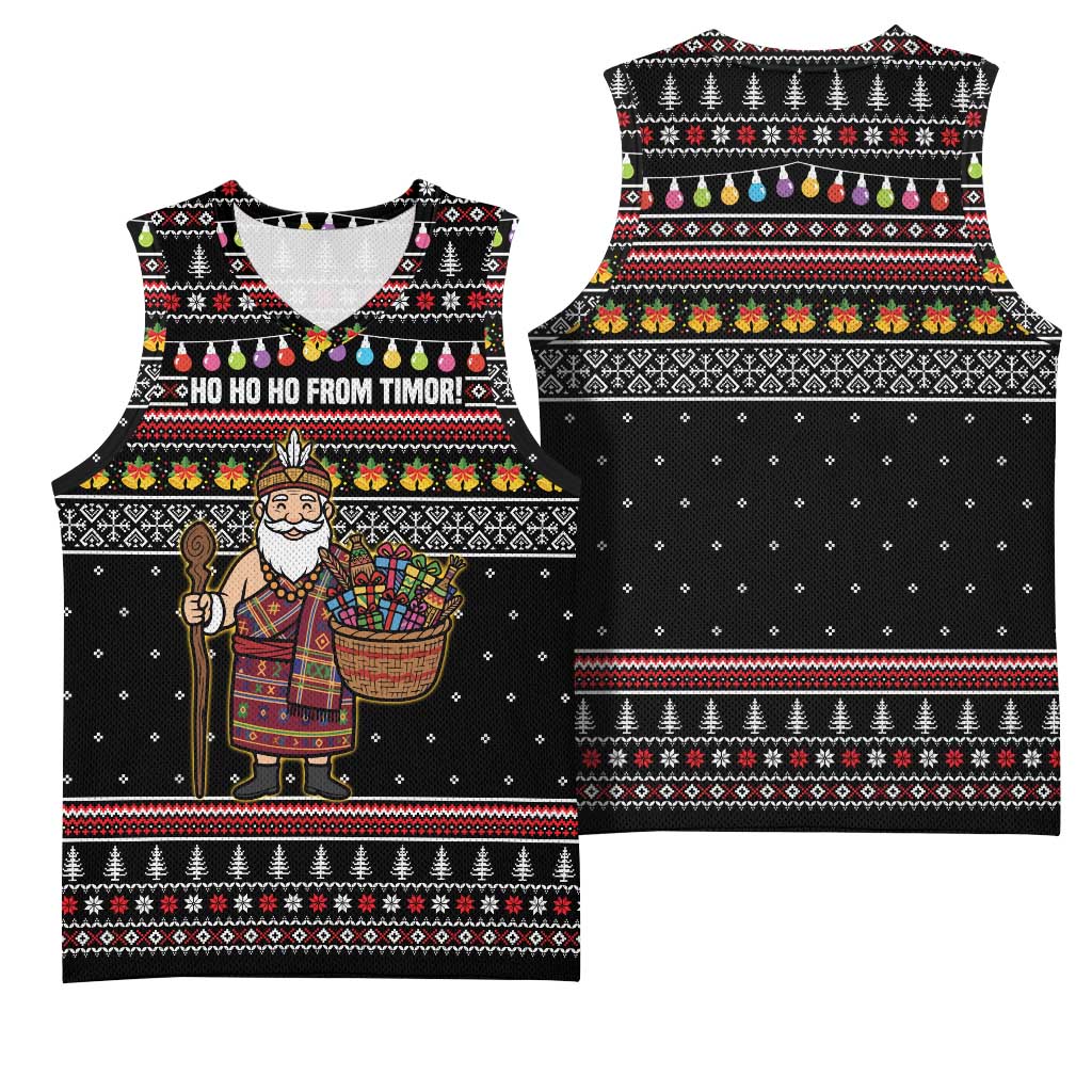 East Timor Christmas Basketball Jersey with Santa in Traditional Robe Gift Basket Ho Ho Ho Text and Black Festive - Wonder Print Shop